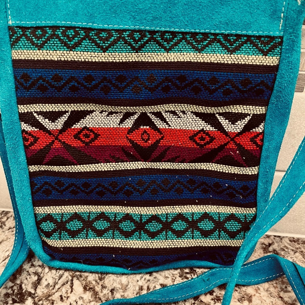 Vintage Teal/Blue Crossbody Suede Purse In Colorful BOHO Hippie Pattern - Picture 2 of 6